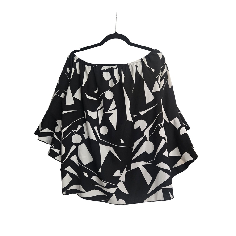 Black White Geometric Abstract Off Shoulder Tiered Bell Sleeve Blouse Top L